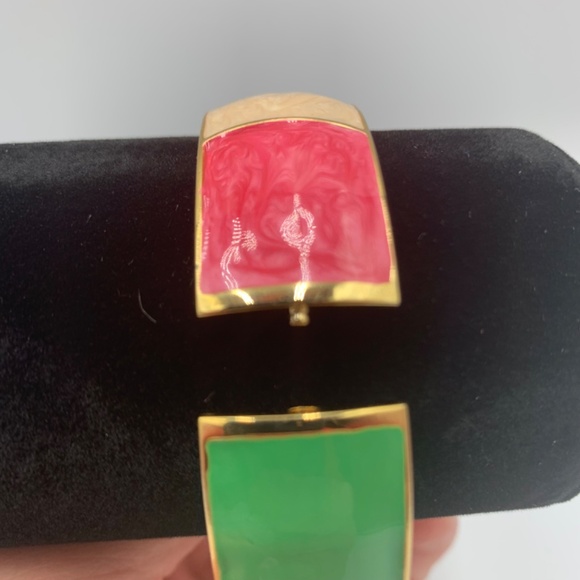 Erica Lyons Enamel Gold Tone Costume Hinged Bangle Bracelet Boho 80’s teal red - Picture 8 of 13